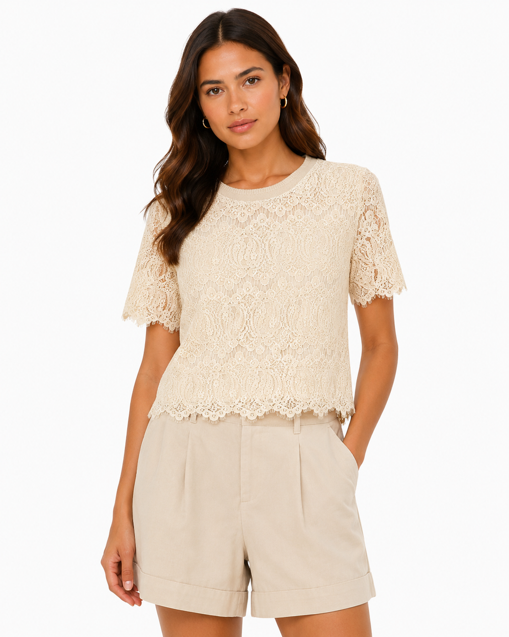 Women’s Beige Floral Lace Short-Sleeve Top