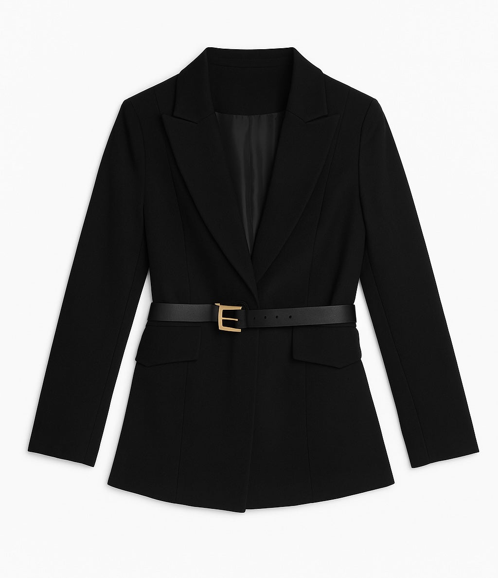 Tailored Black Blazer with Belt and Gold Buckle