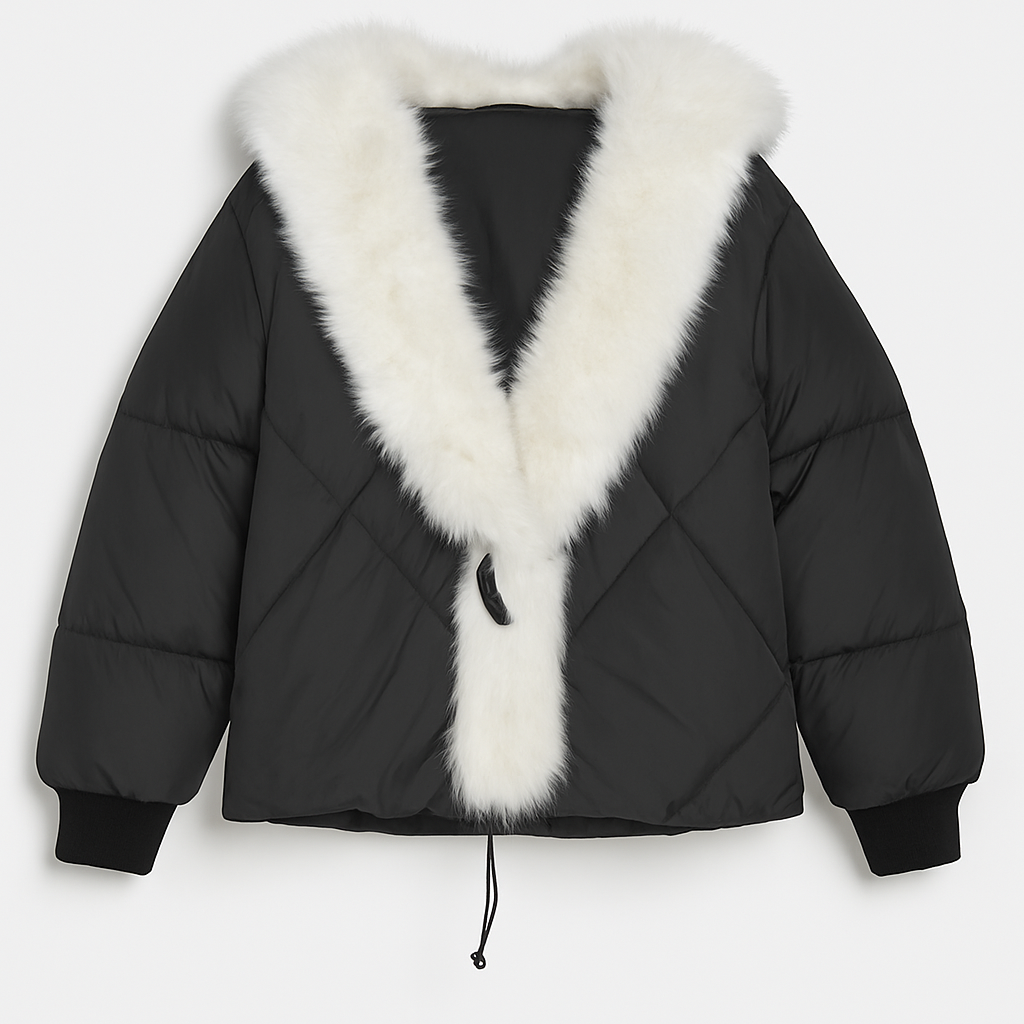 Black Puffer Jacket with White Faux Fur Collar