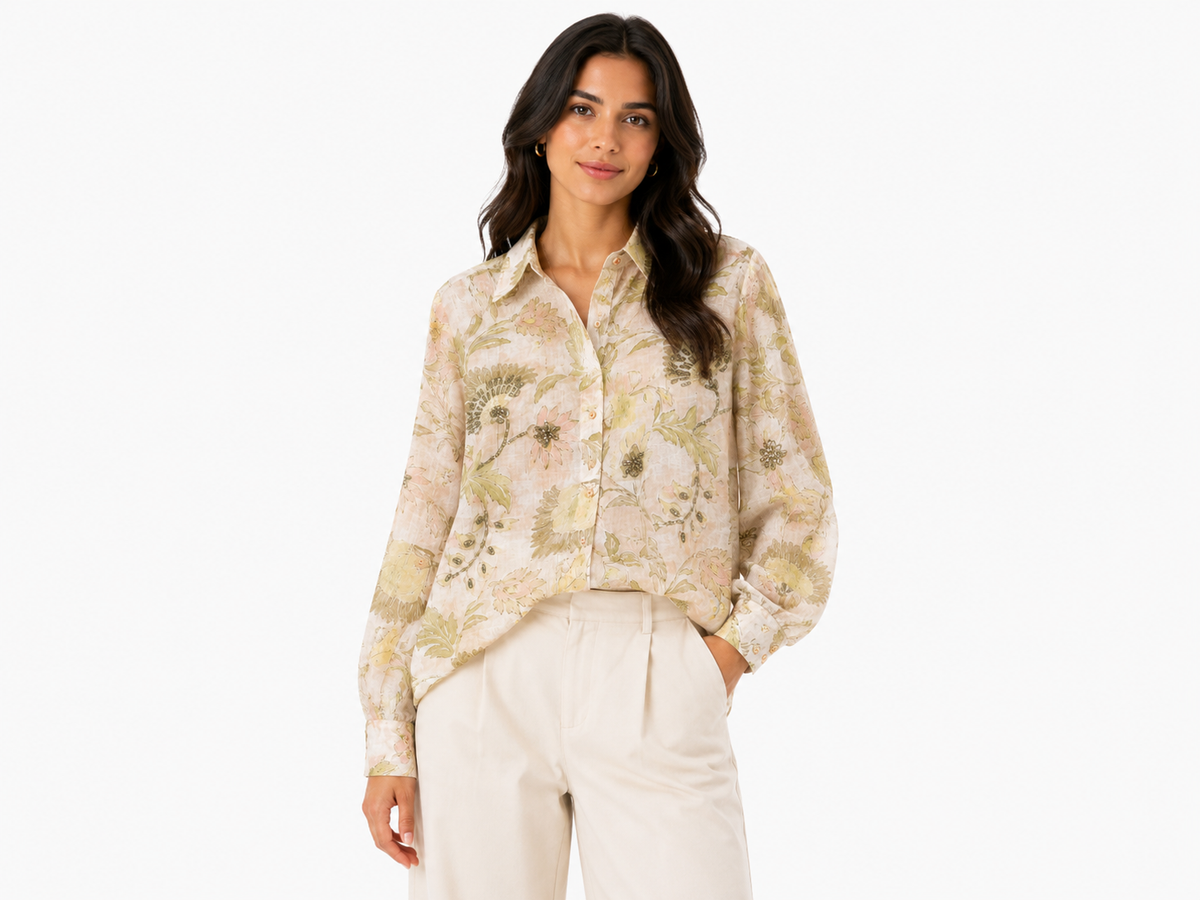 Women floral sheer button-up blouse