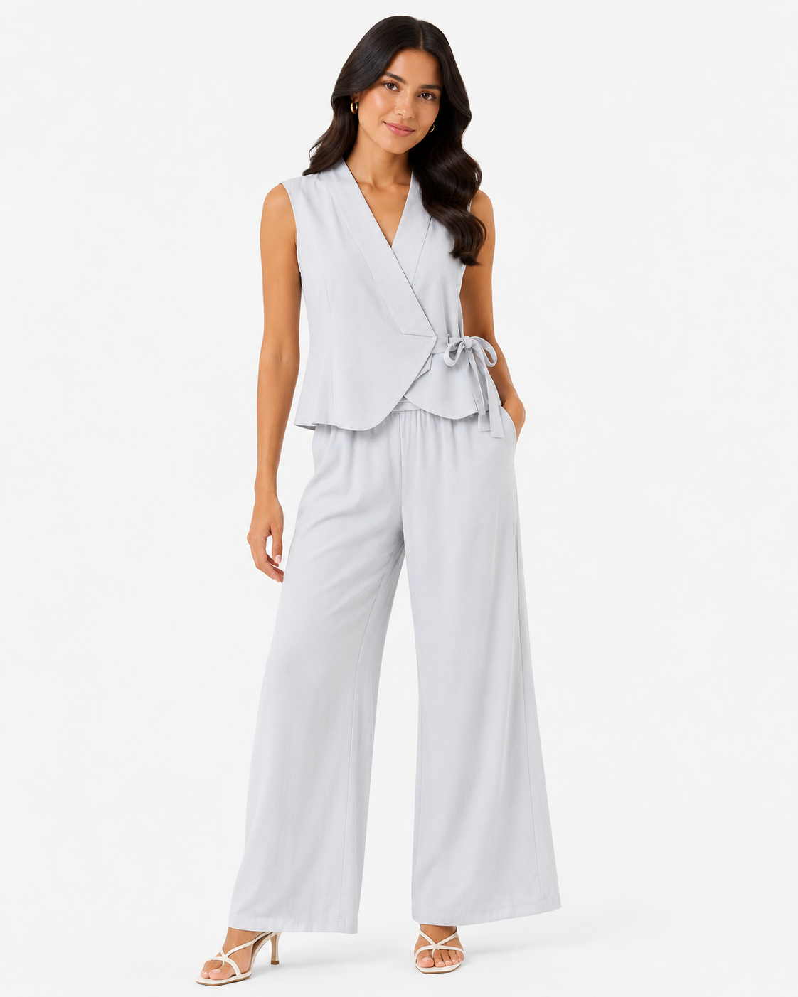 Women’s Light Blue Wrap Vest & Wide-Leg Pants Set