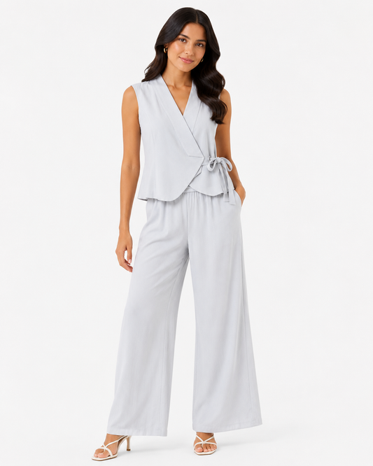 Women’s Light Blue Wrap Vest & Wide-Leg Pants Set