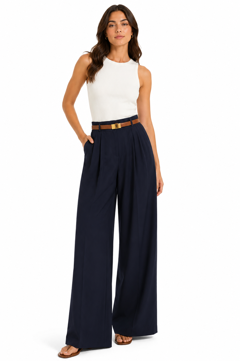 Navy Belted Wide-Leg Trousers