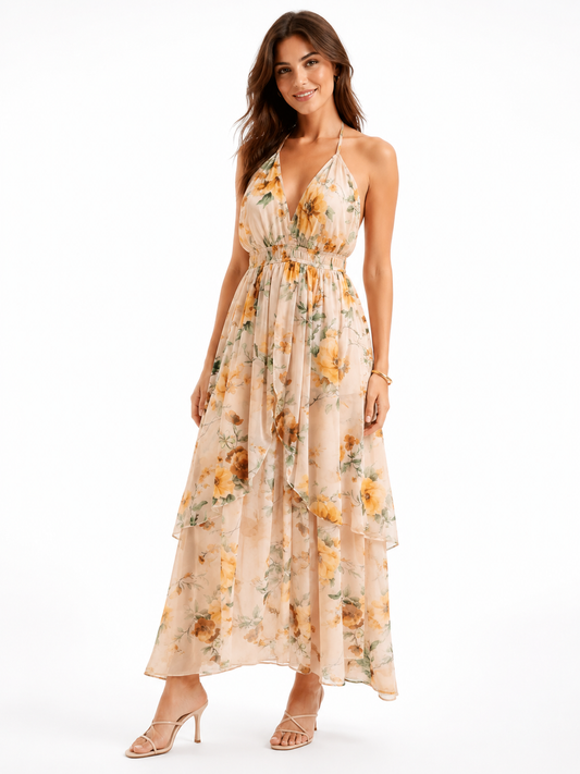 Sunlit bloom halter maxi dress