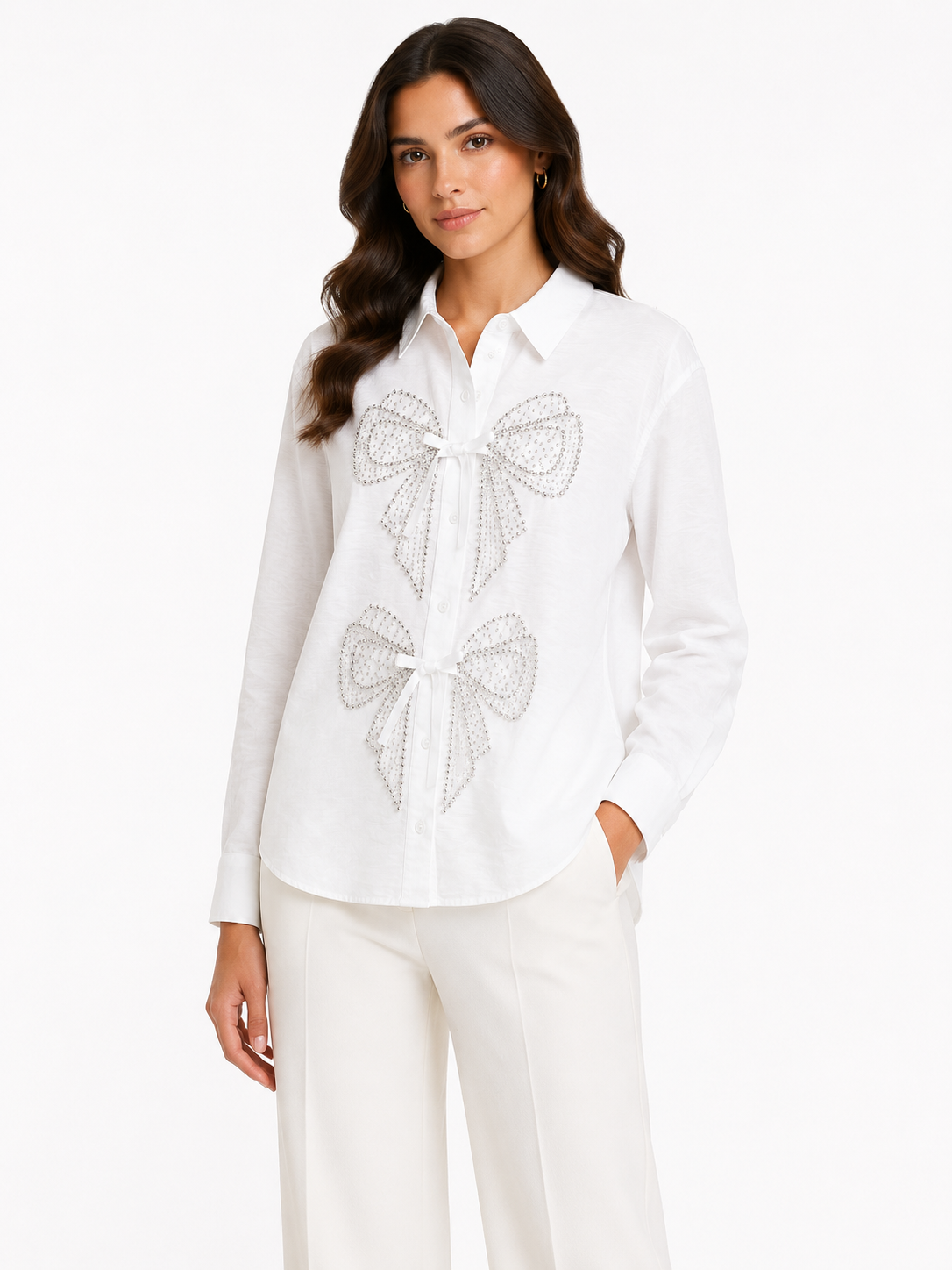 White bow embellished button-up shirt