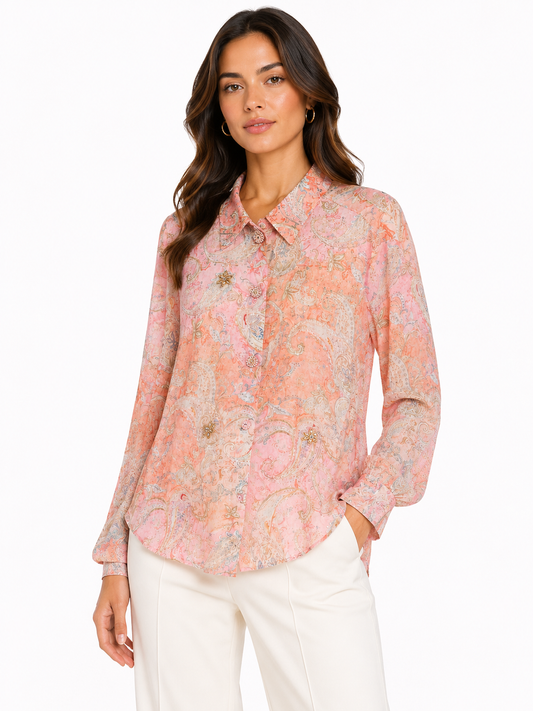 Women’s elegant pink paisley print chiffon blouse