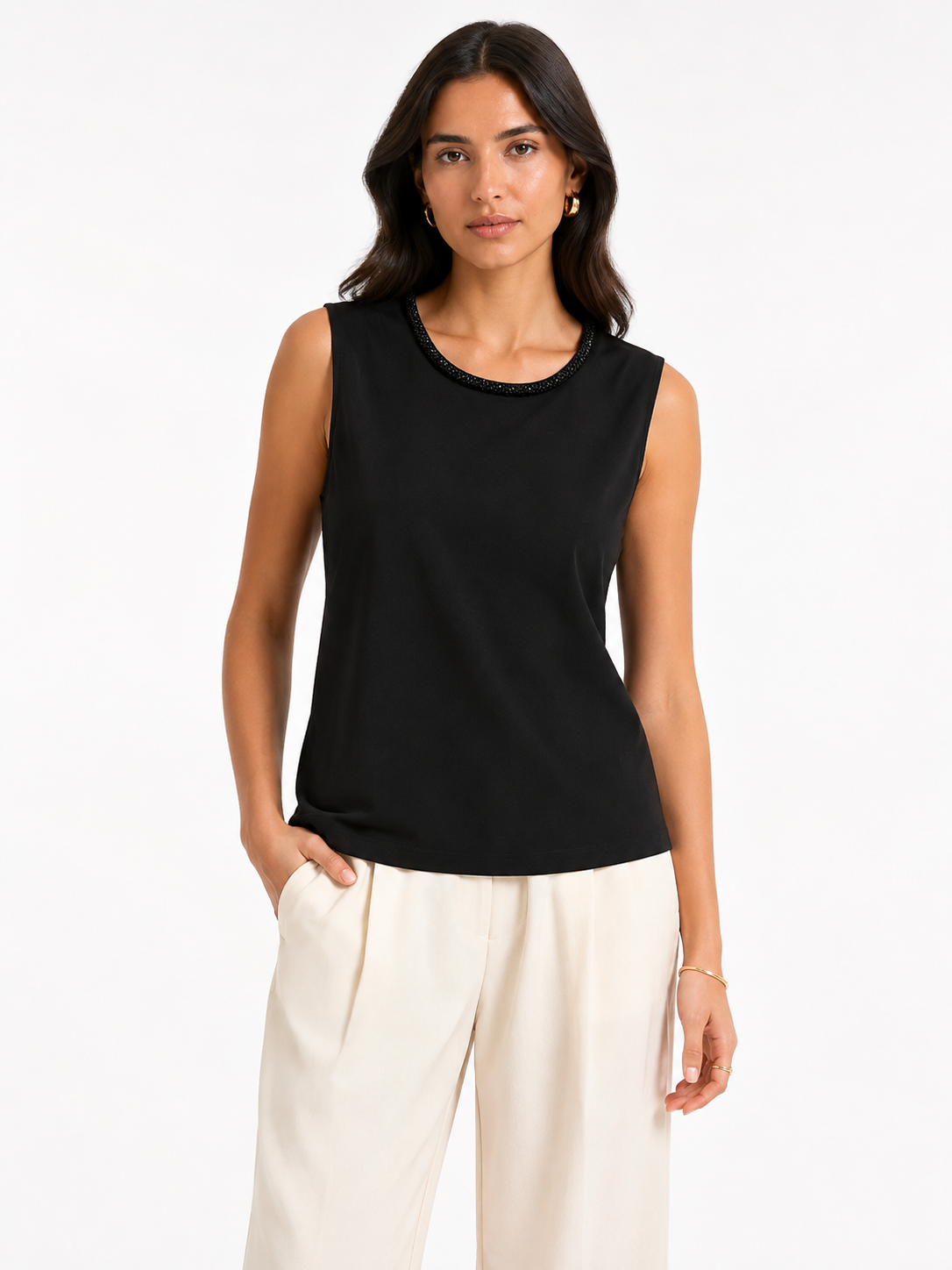 Black beaded-neck sleeveless
