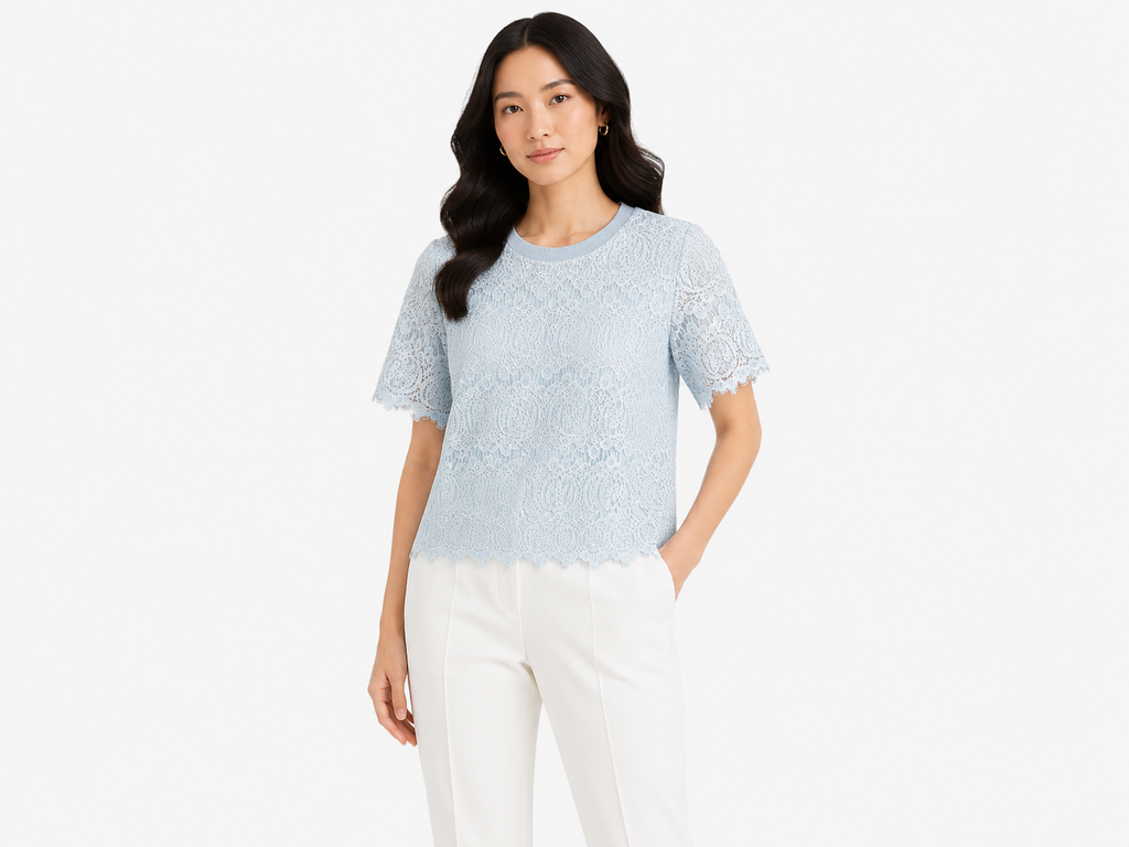 Sky blue floral lace knit top