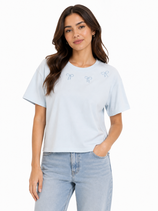Women light blue bow embroidered oversized t-shirt