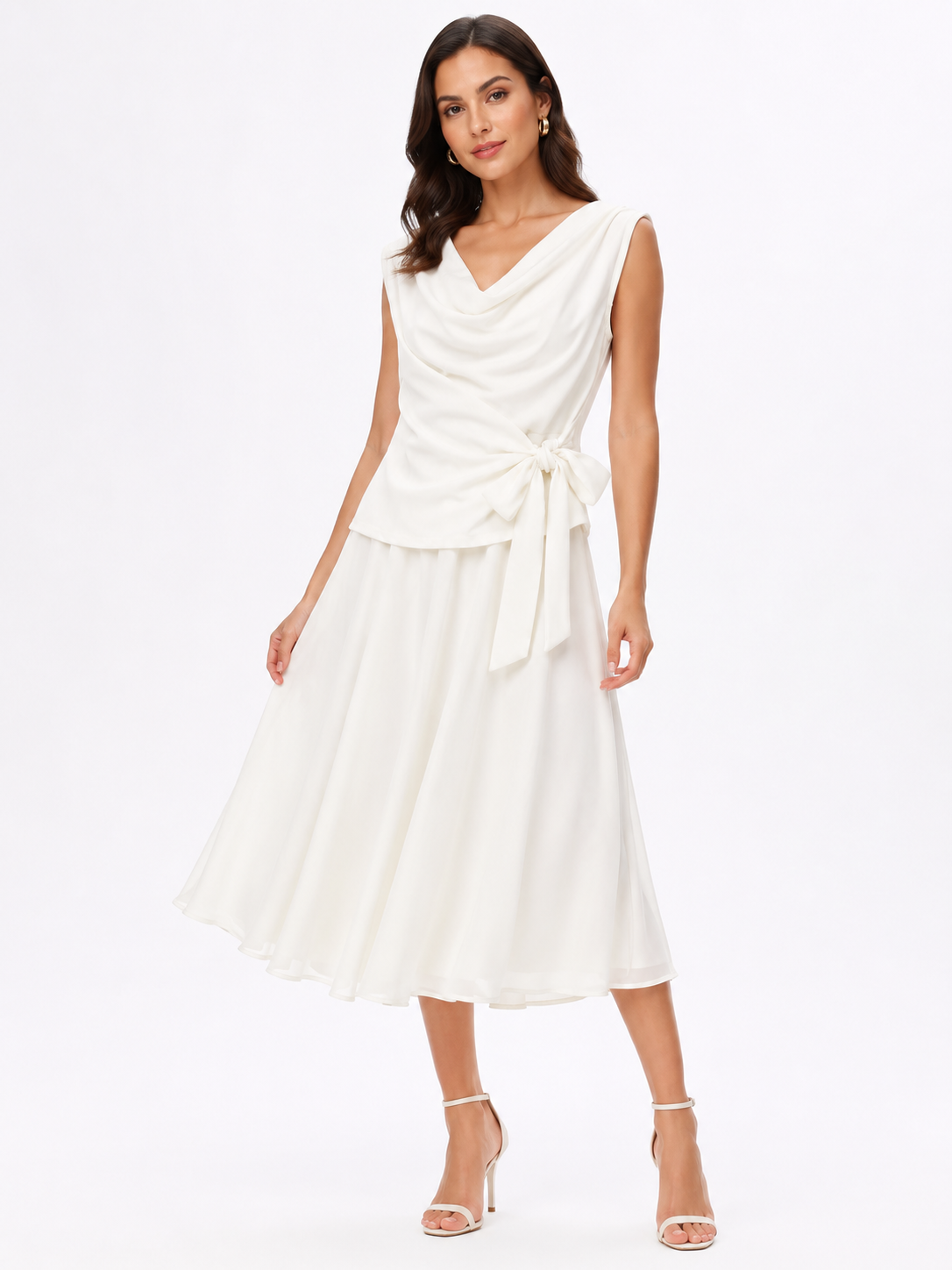 Ivory draped cowl neck top & flared midi skirt set