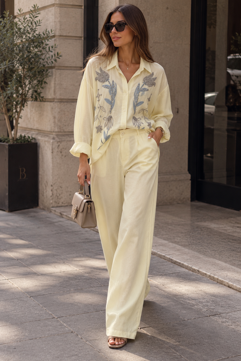 Women ivory embroidered shirt& wide-leg pant set