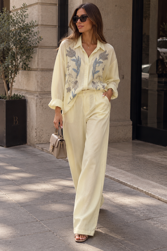 Women ivory embroidered shirt& wide-leg pant set