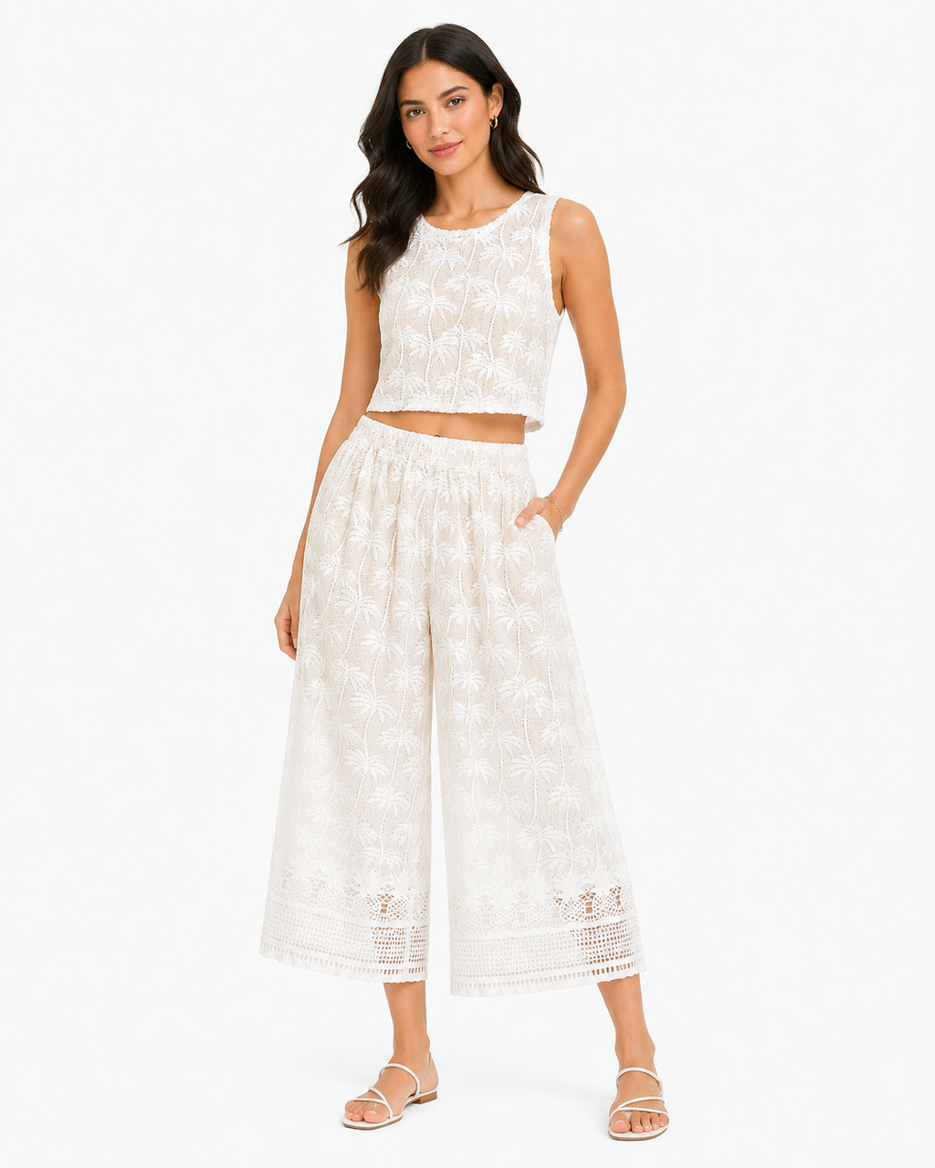 Women’s White Palm Lace Crop Top & Wide-Leg Pants Set
