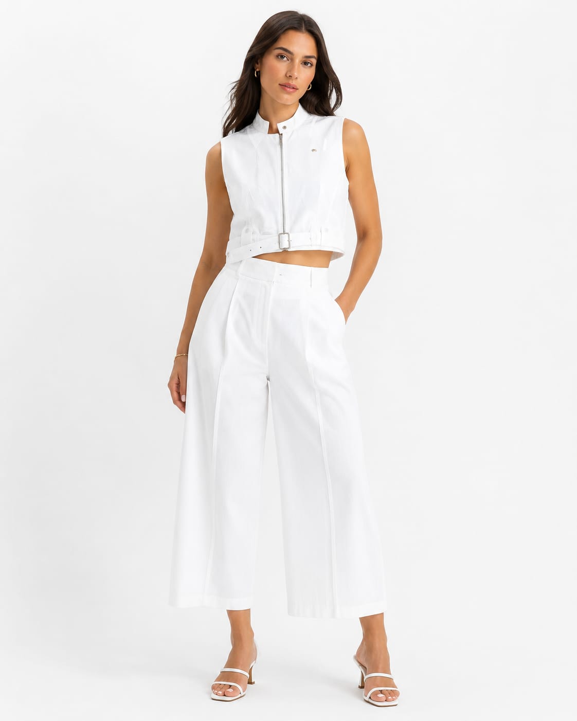 White Cropped Utility Vest & Wide-Leg Trouser Set