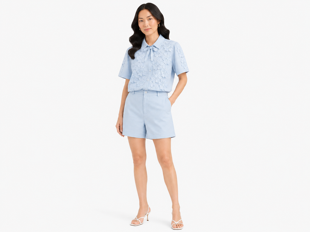 Sky blue floral lace shirt& shorts set