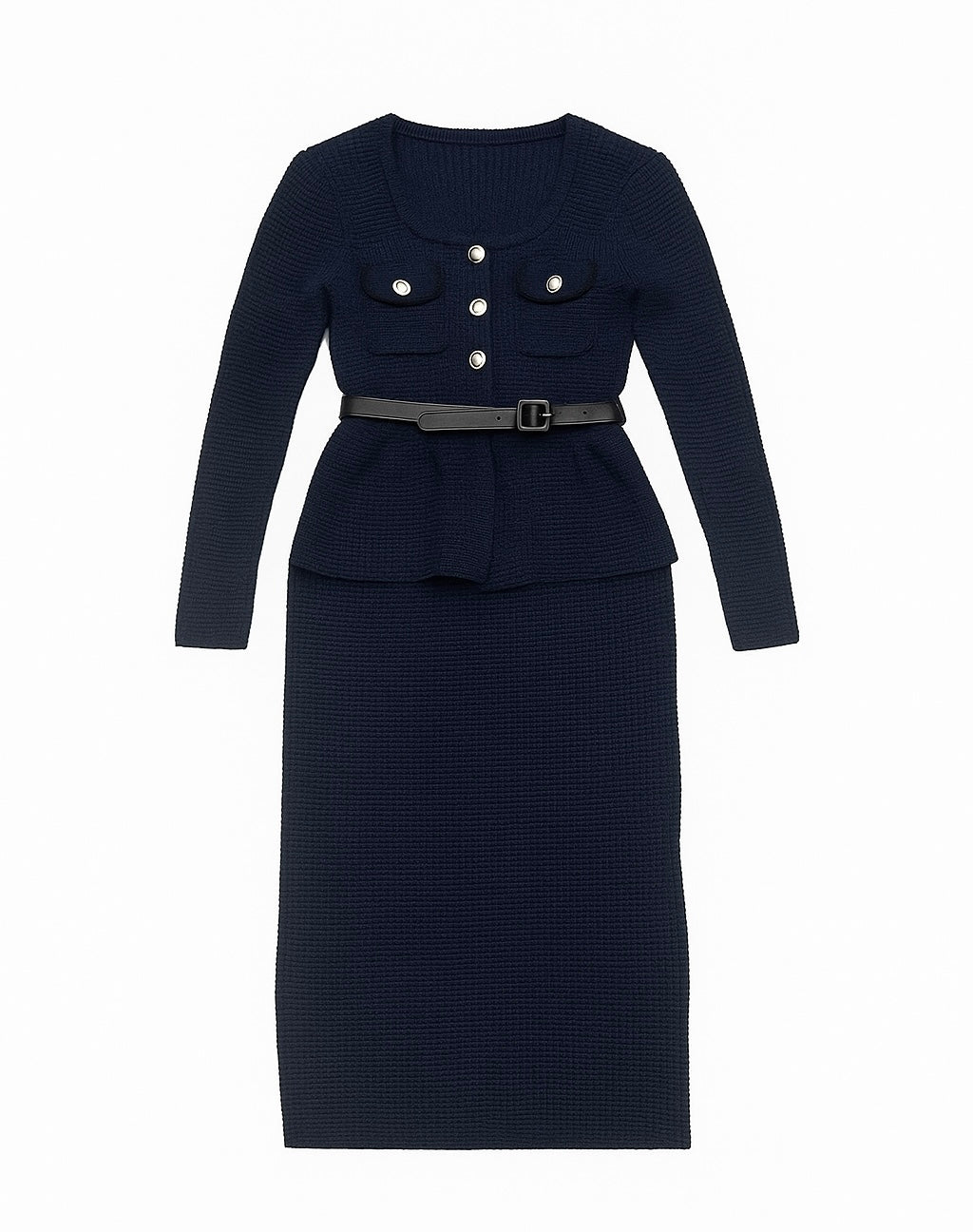 Navy Knit with Belt and Gold Button Details