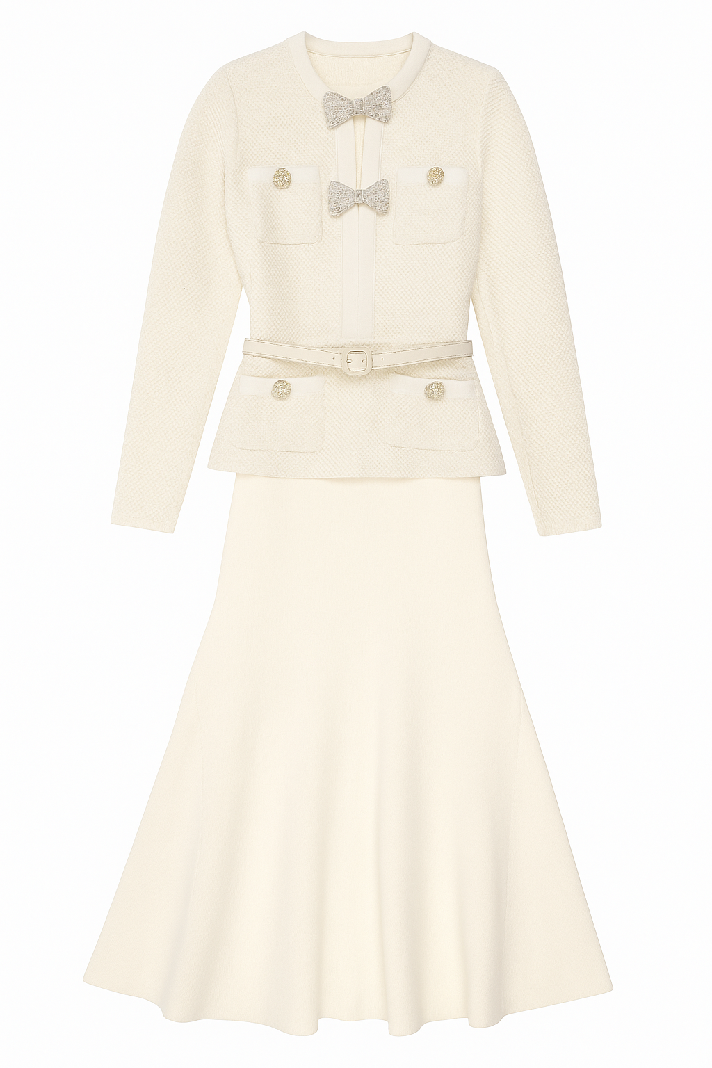 Ivory Textured Bow-Accent dress