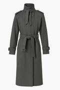 Charcoal Gray Belted Trench Coat with High Neck and Buckle Details