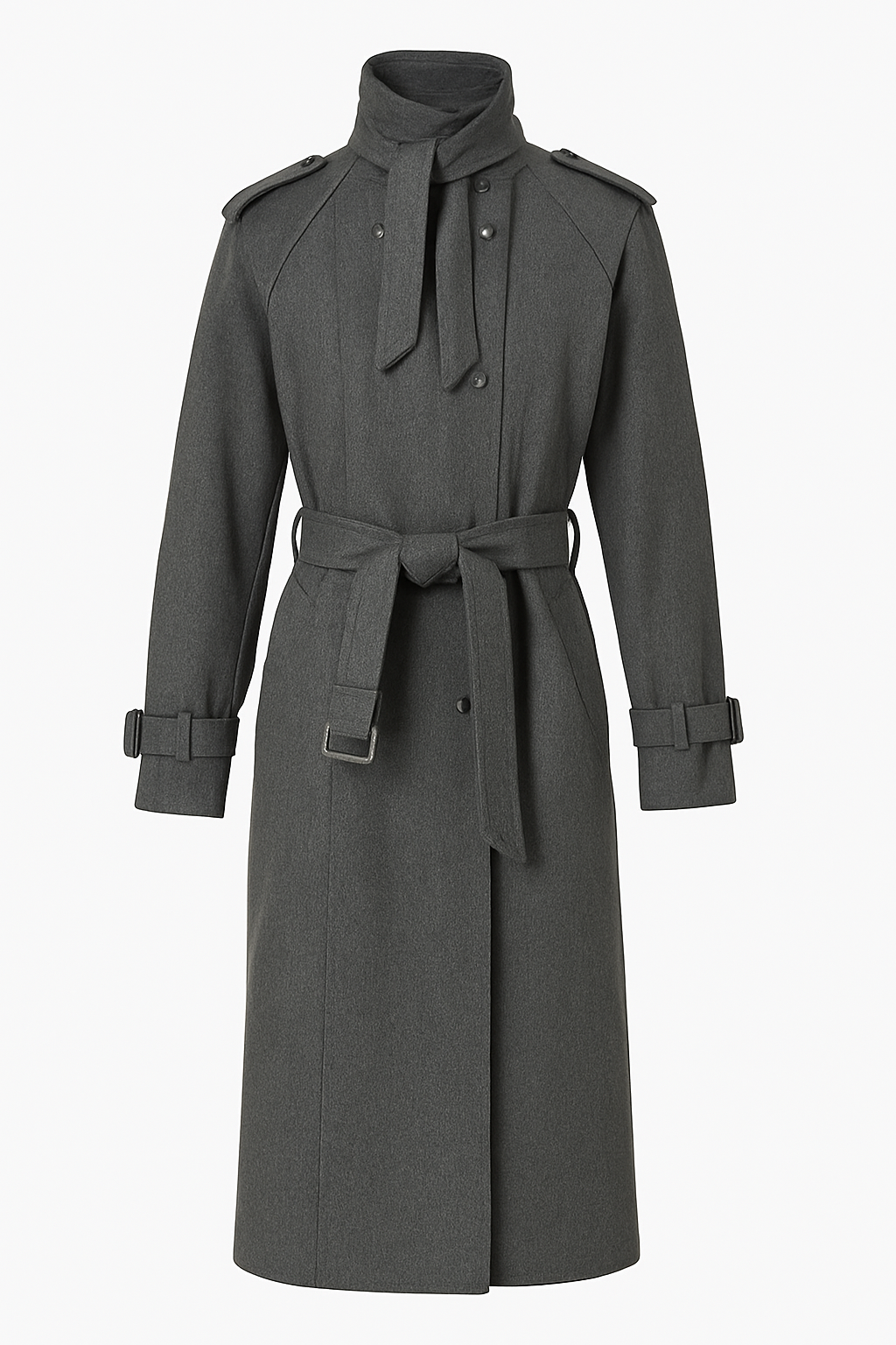 Charcoal Gray Belted Trench Coat with High Neck and Buckle Details