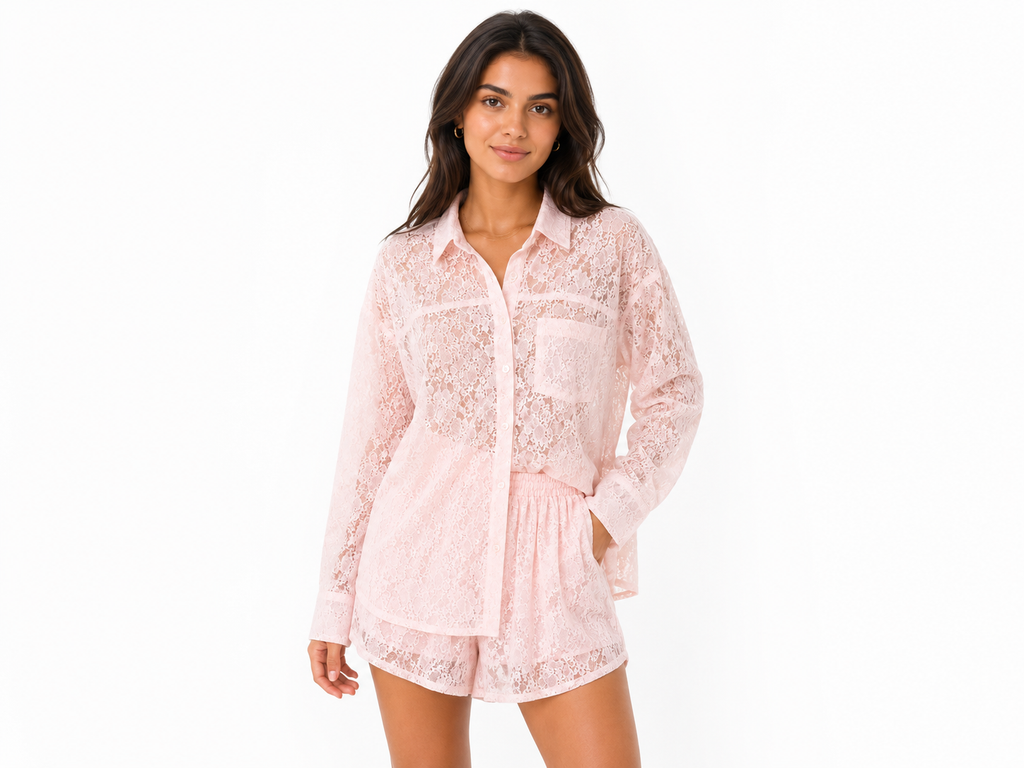 Blush lace shirt & short set