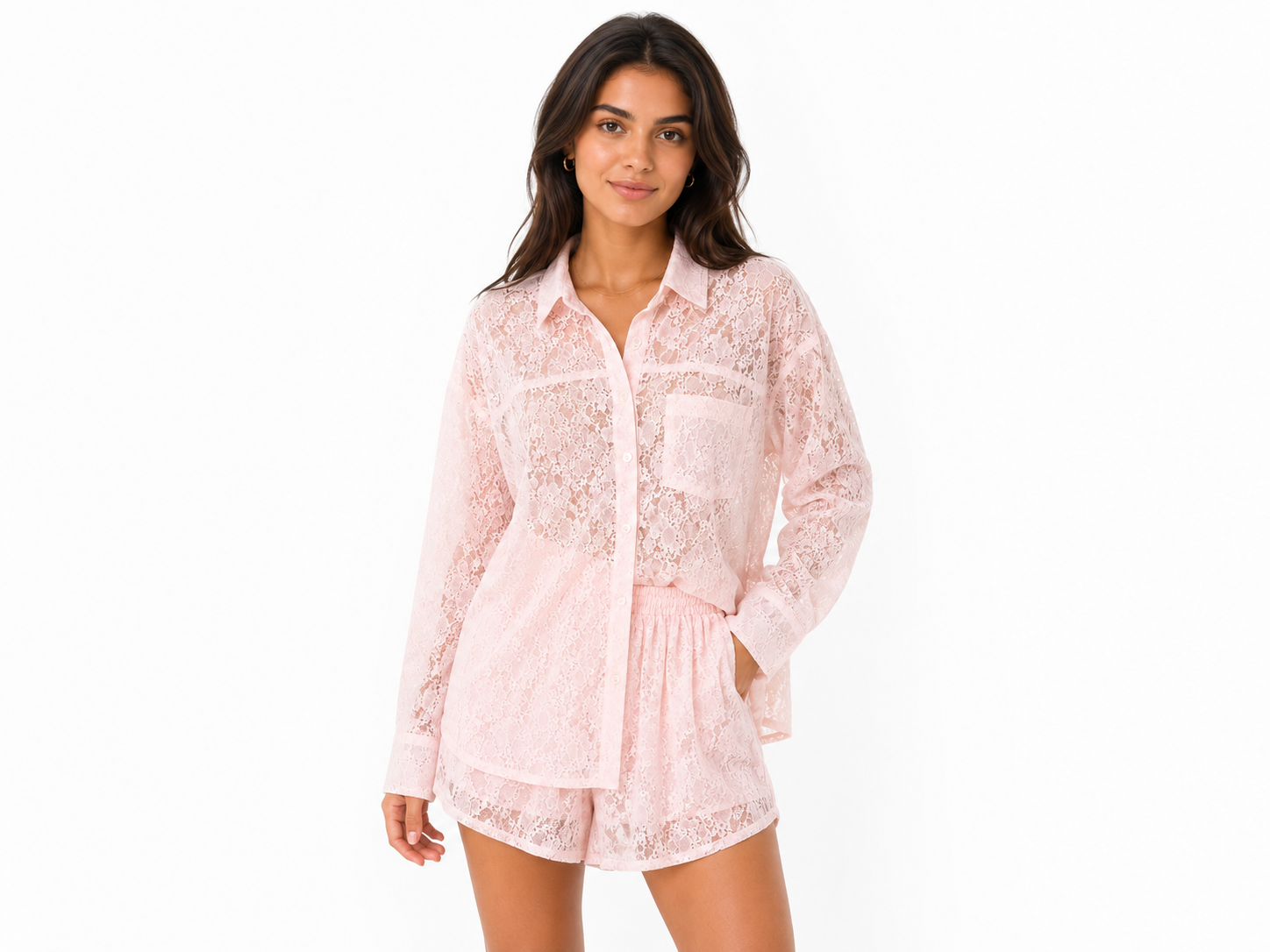 Blush lace shirt & short set