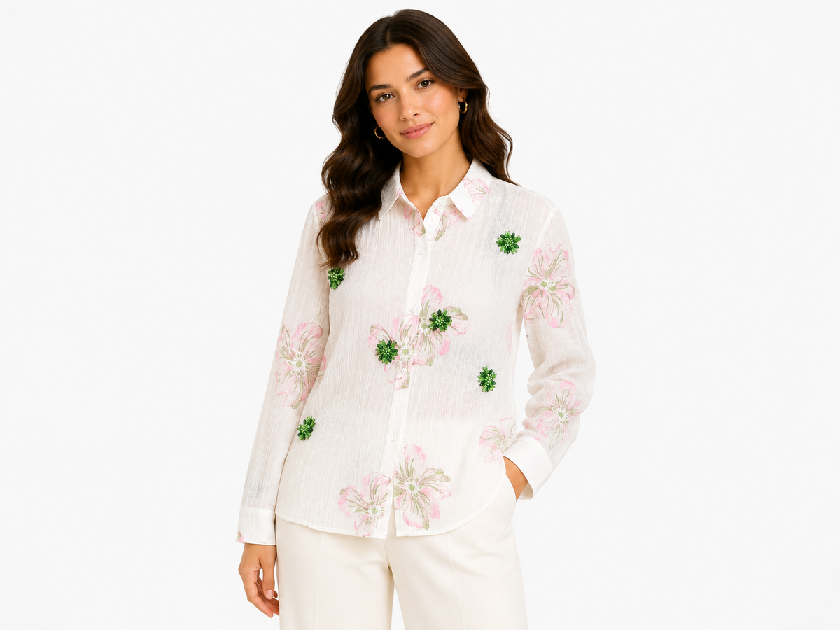 Women floral embellished sheer button-up blouse