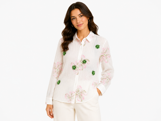 Women floral embellished sheer button-up blouse