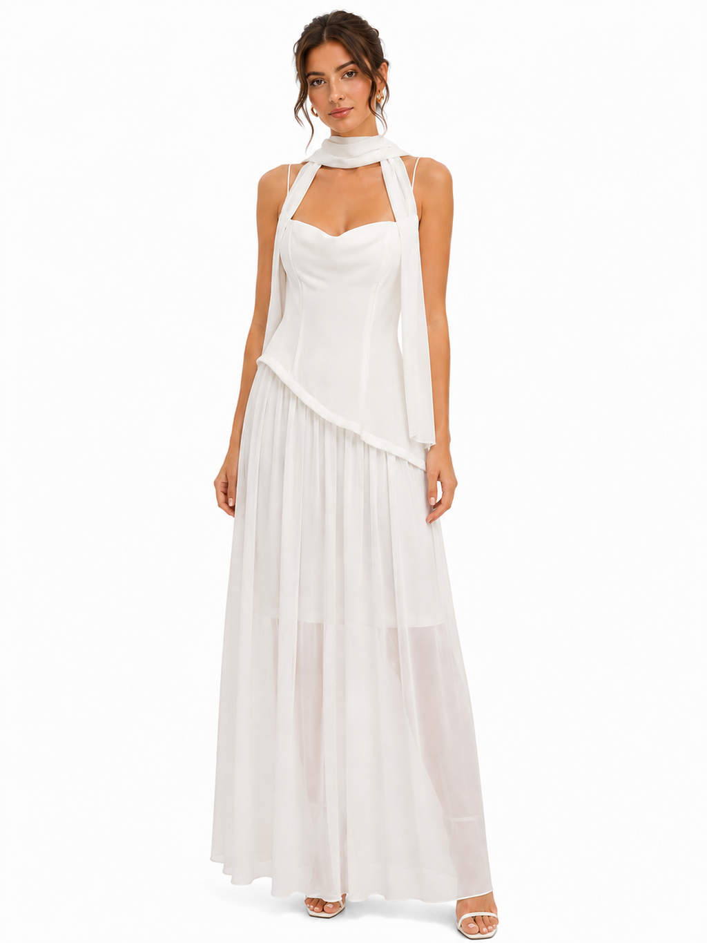 Ivory draped maxi dress with detachable scarf