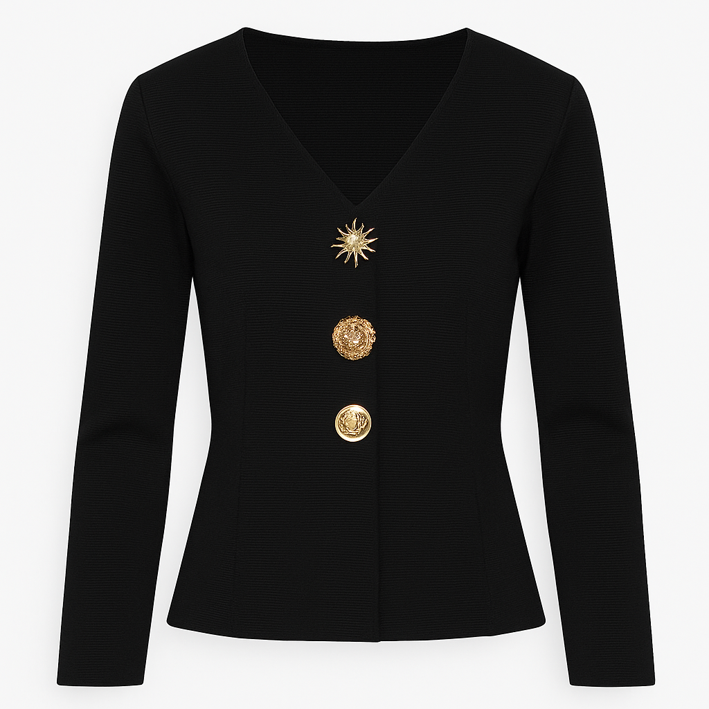 Black Tailored Knit Top with Gold Medallion Buttons