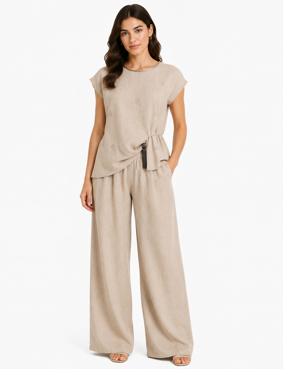 Beige embroidered linen co-ord set-sleeveless top&wide-leg pant