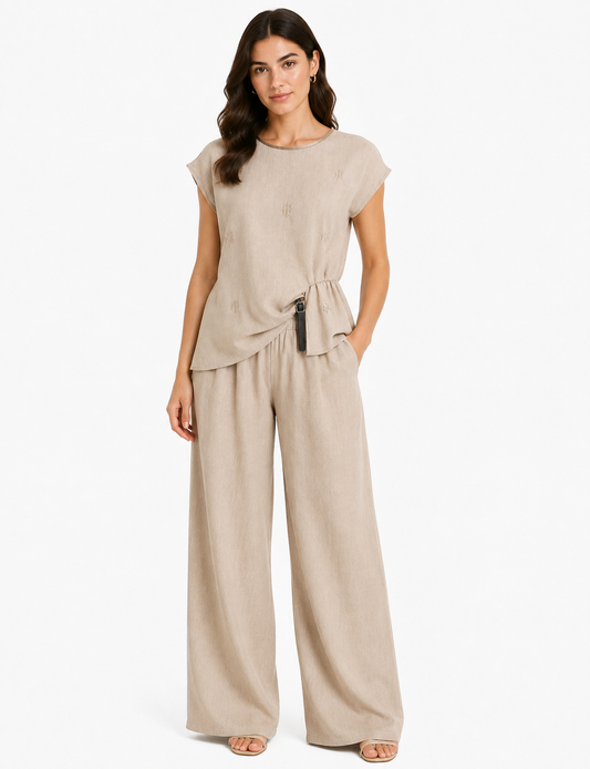 Beige embroidered linen co-ord set-sleeveless top&wide-leg pant