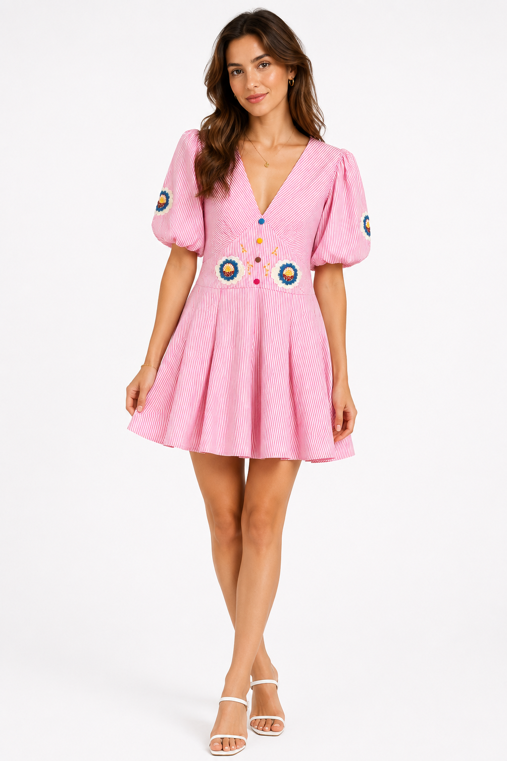 Chic pink stripe puff sleeve dress