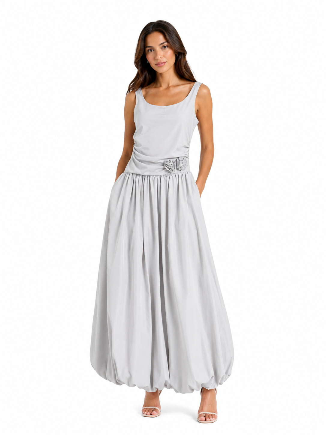 Sliver rosette bubble-hem maxi dress