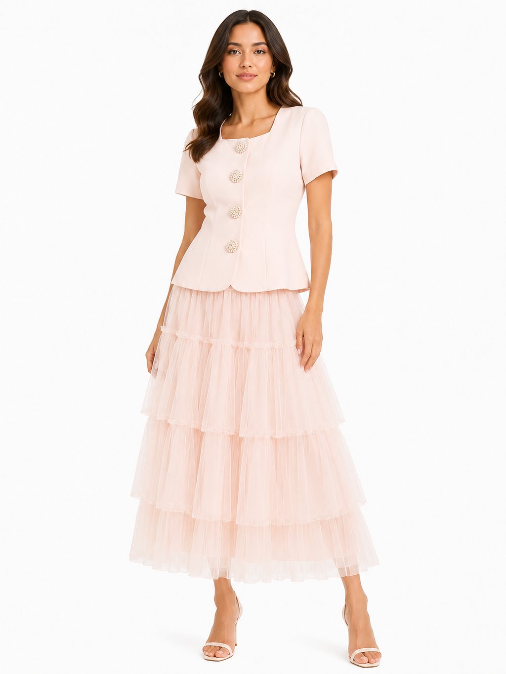Blush pearl button top& tiered tulle skirt co-ord set