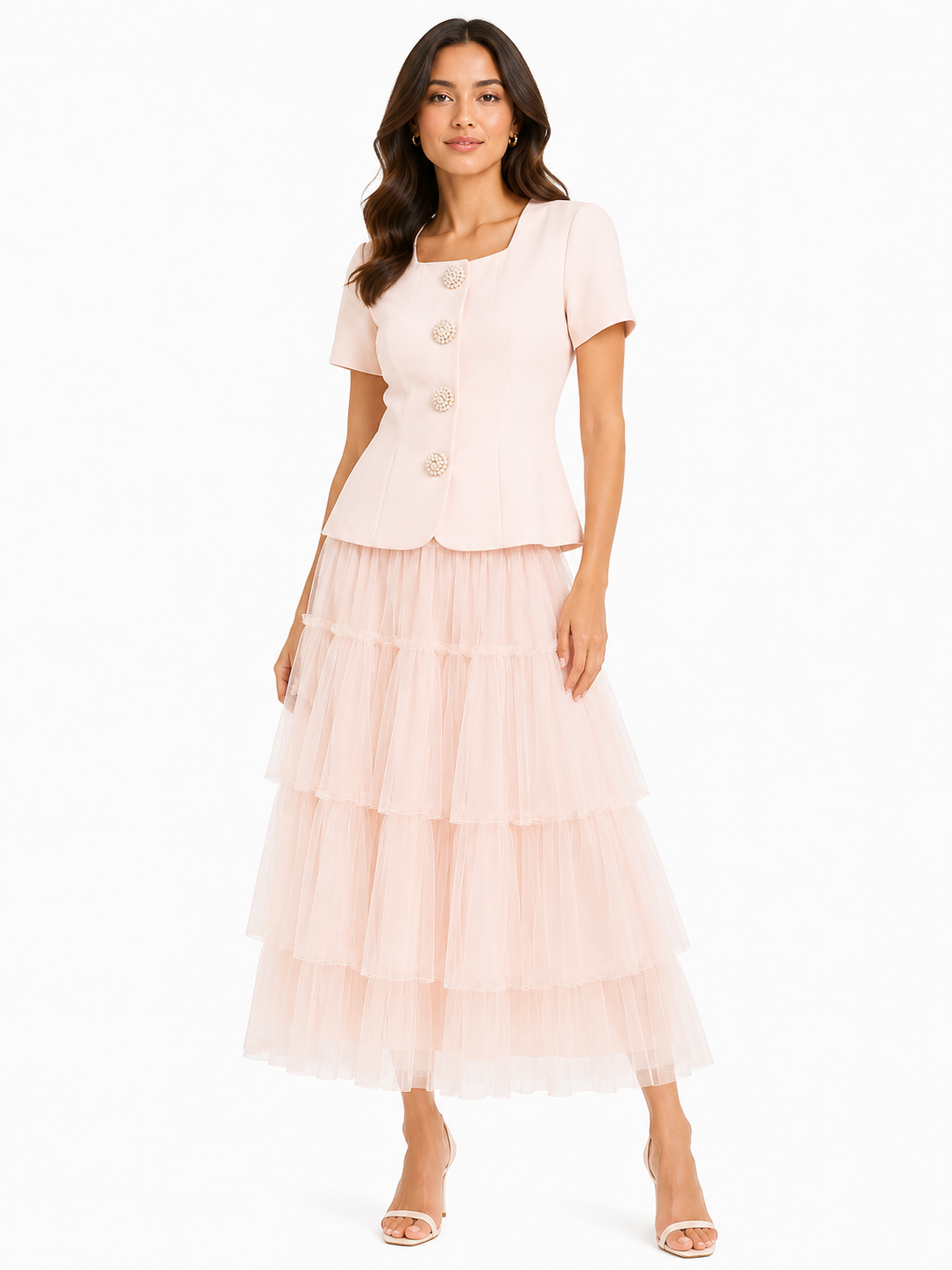 Blush pearl button top& tiered tulle skirt co-ord set