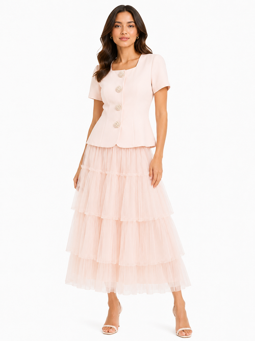 Blush pearl button top& tiered tulle skirt co-ord set