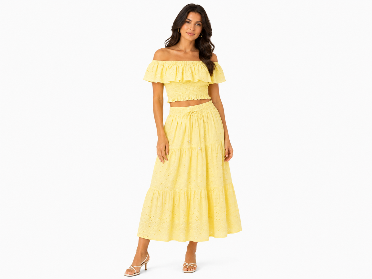 Women eyelet crop trop& maxi skirt set-lemon yellow