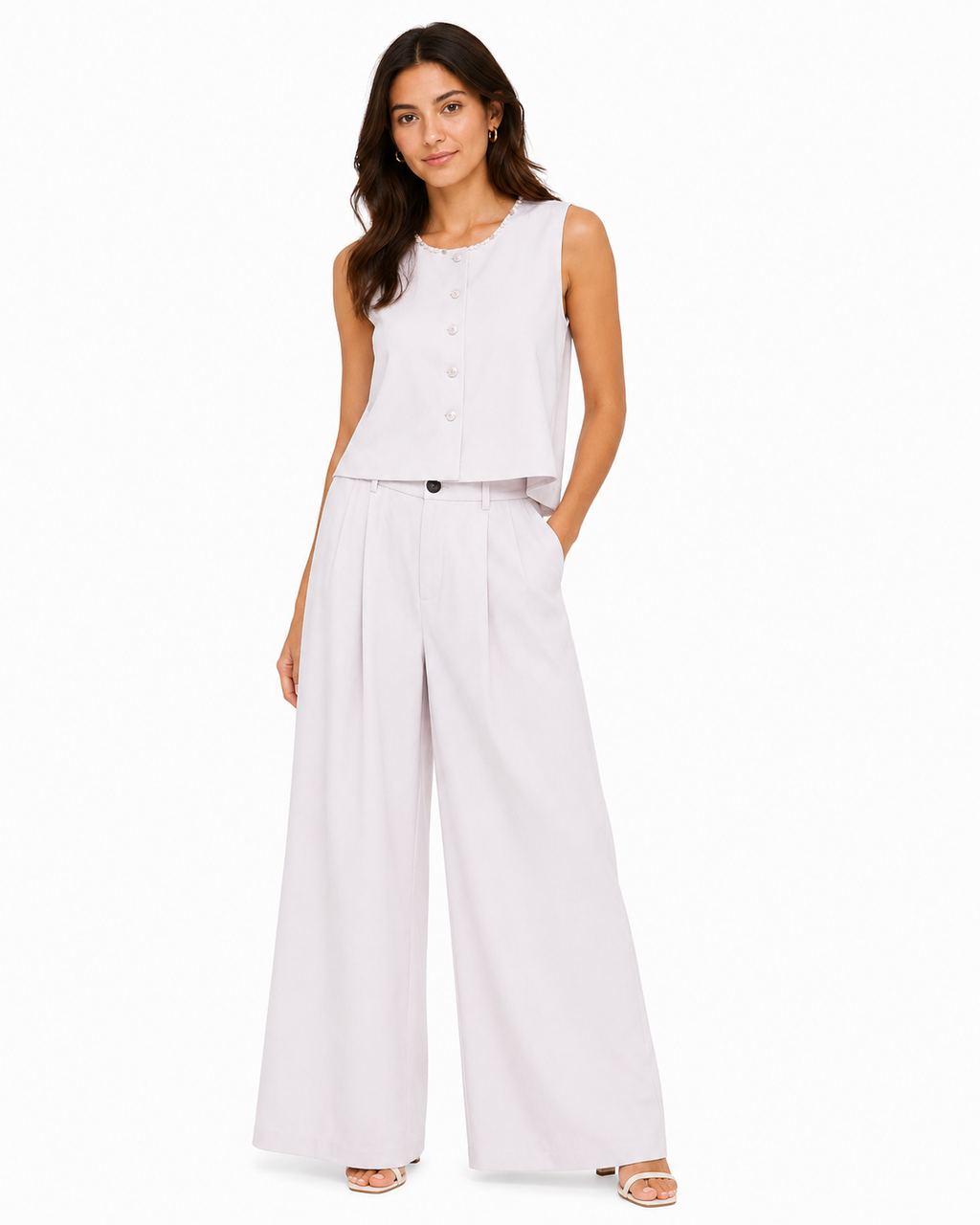 Women’s Pearl-Trim Sleeveless Top & Wide-Leg Pants Set