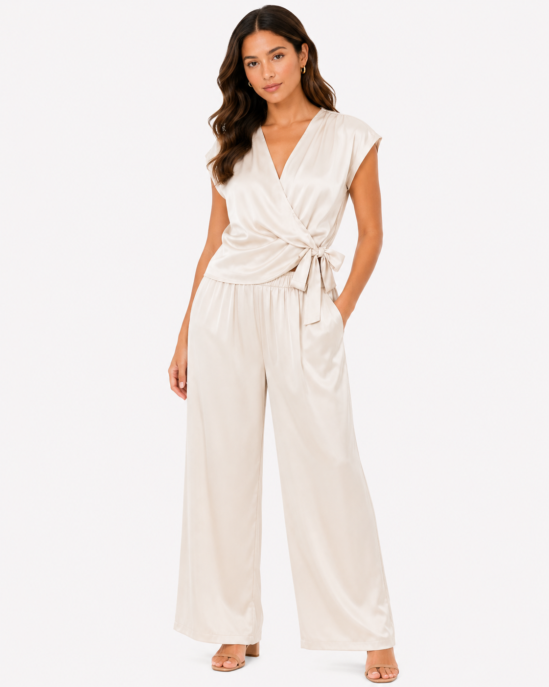 Women’s Champagne Satin Wrap Top & Wide-Leg Pants Set