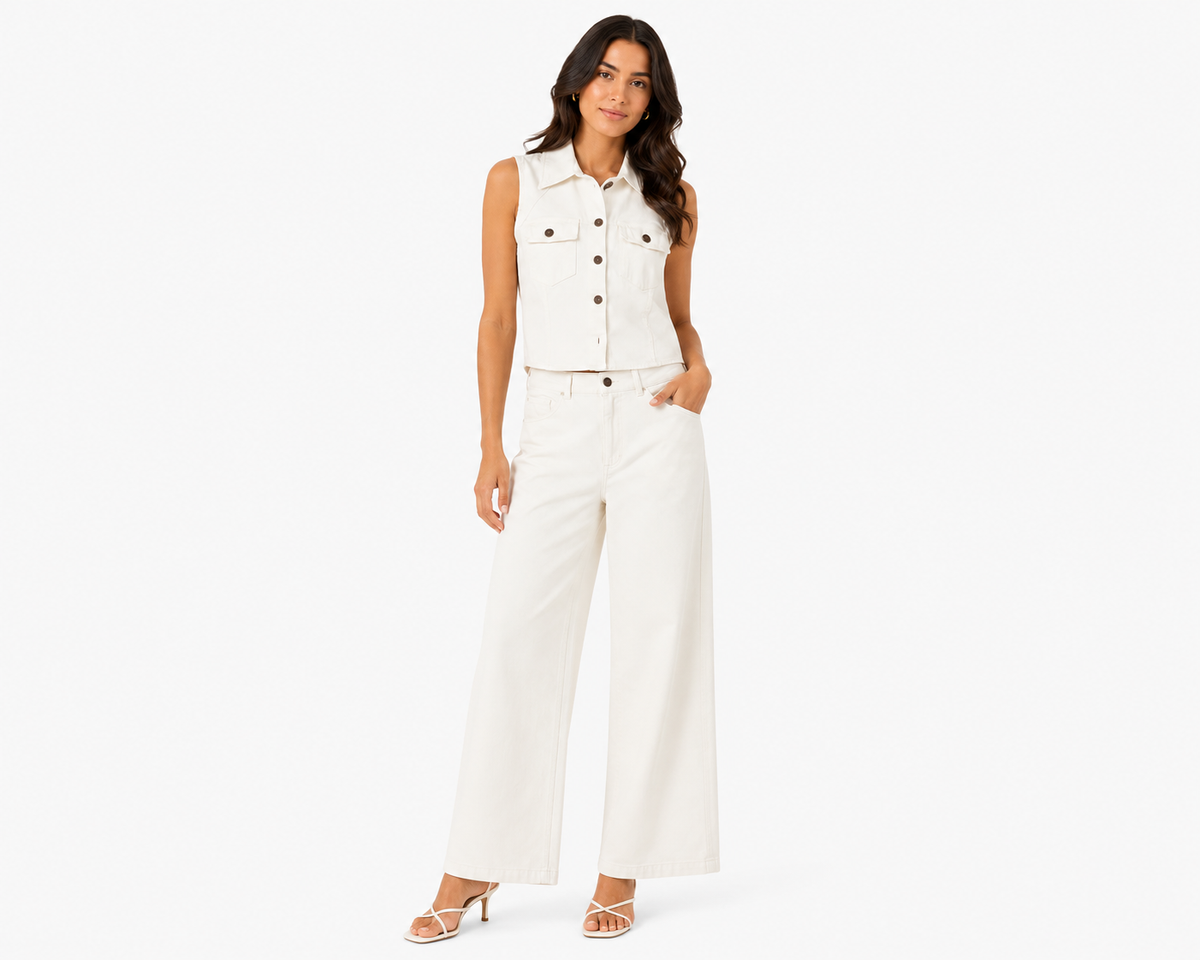 Women white denim vest&wide-leg jeans set