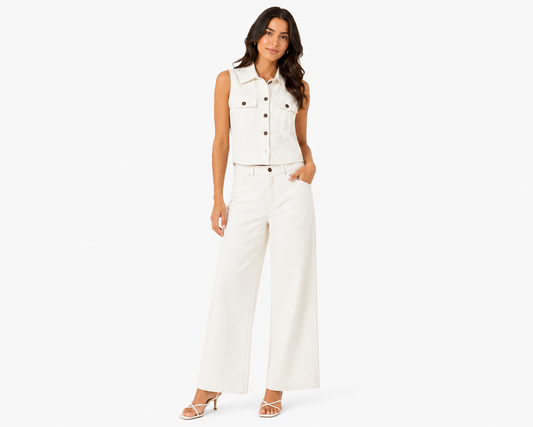 Women white denim vest&wide-leg jeans set