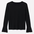 Black Knit Top with Subtle Stud Embellishments and Flared Cuffs