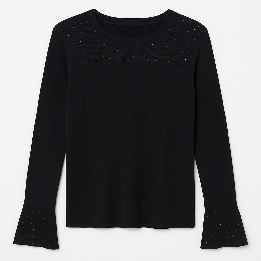 Black Knit Top with Subtle Stud Embellishments and Flared Cuffs