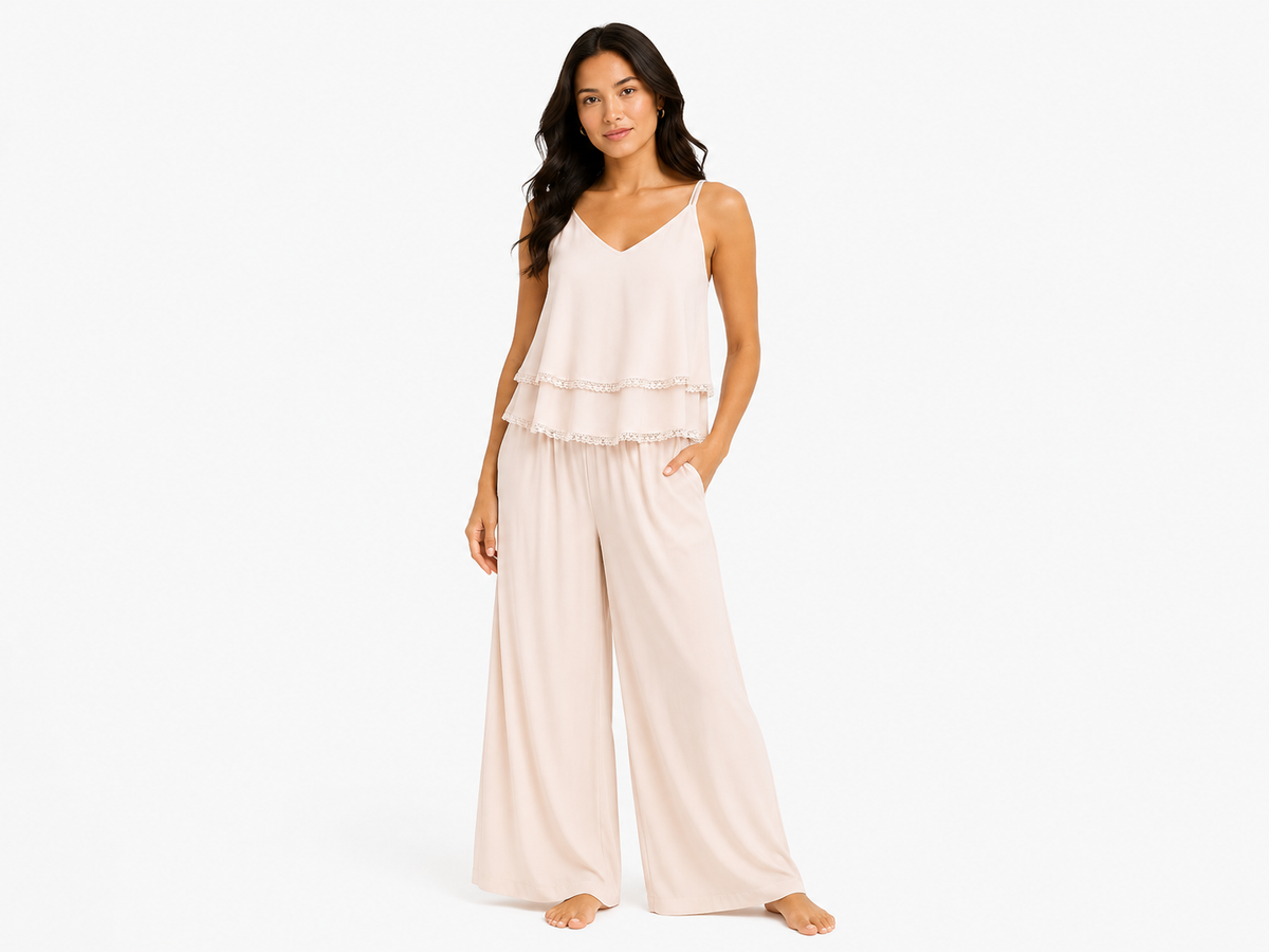 Blush ruffle top & wide-leg pants set