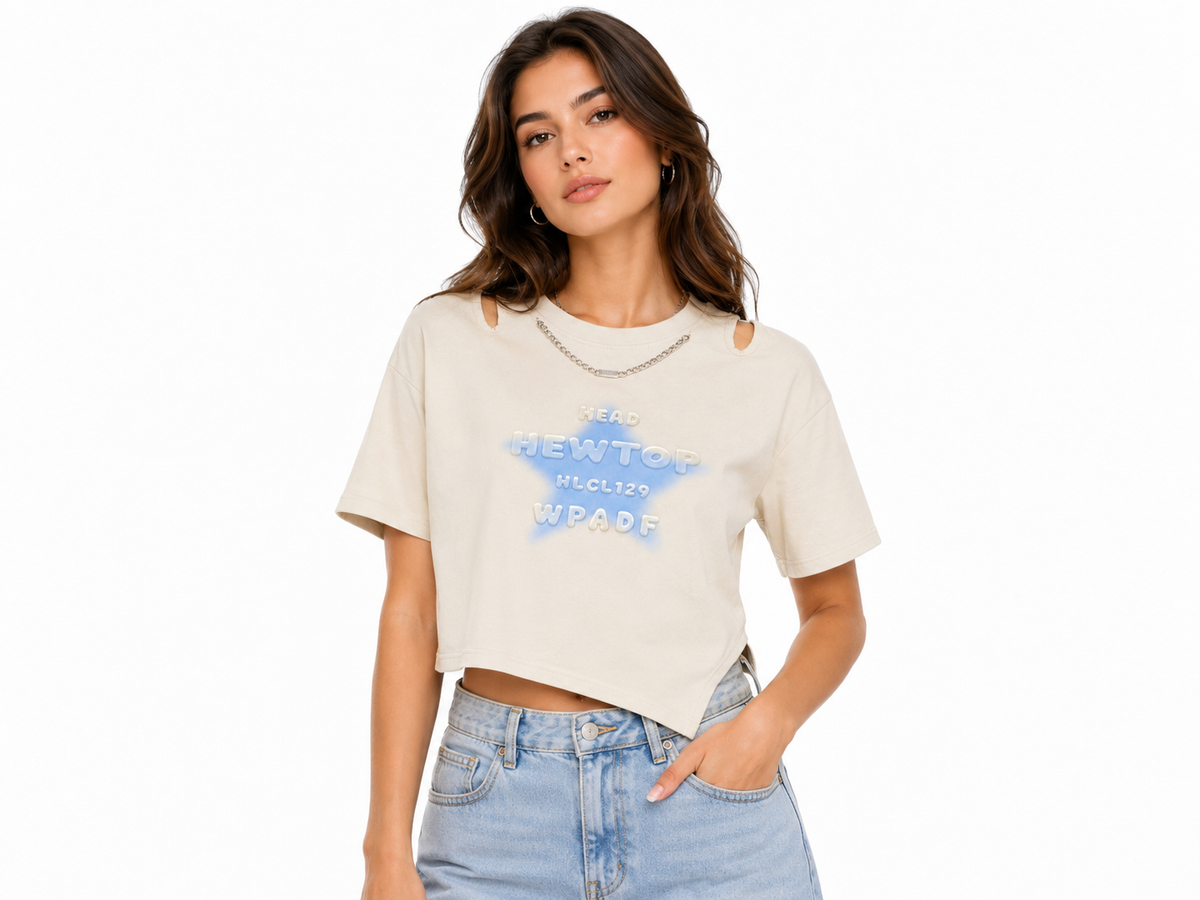 Women’s beige cut-out graphic crop t-shirt