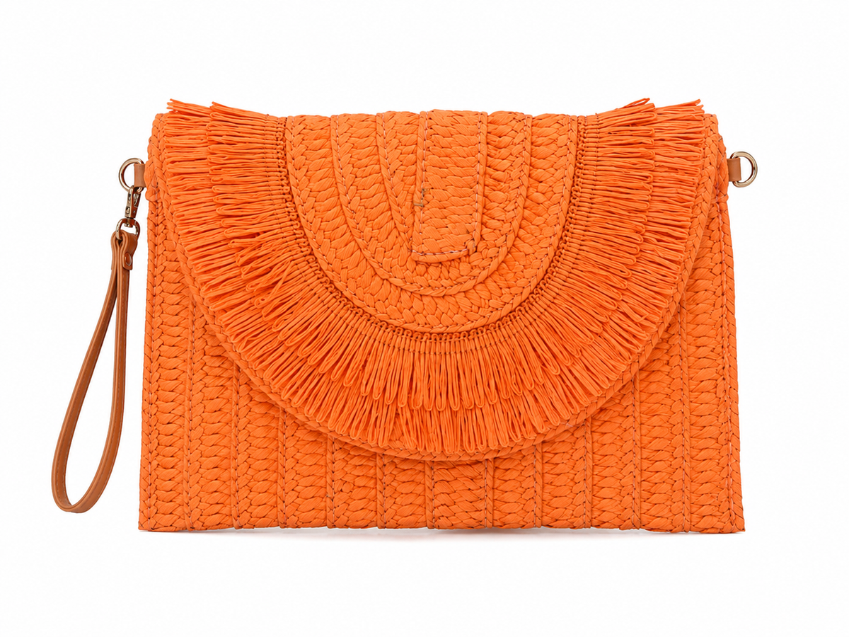 Orange fringe woven clutch