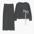 Charcoal Knit Set with Crystal Bow Detail
