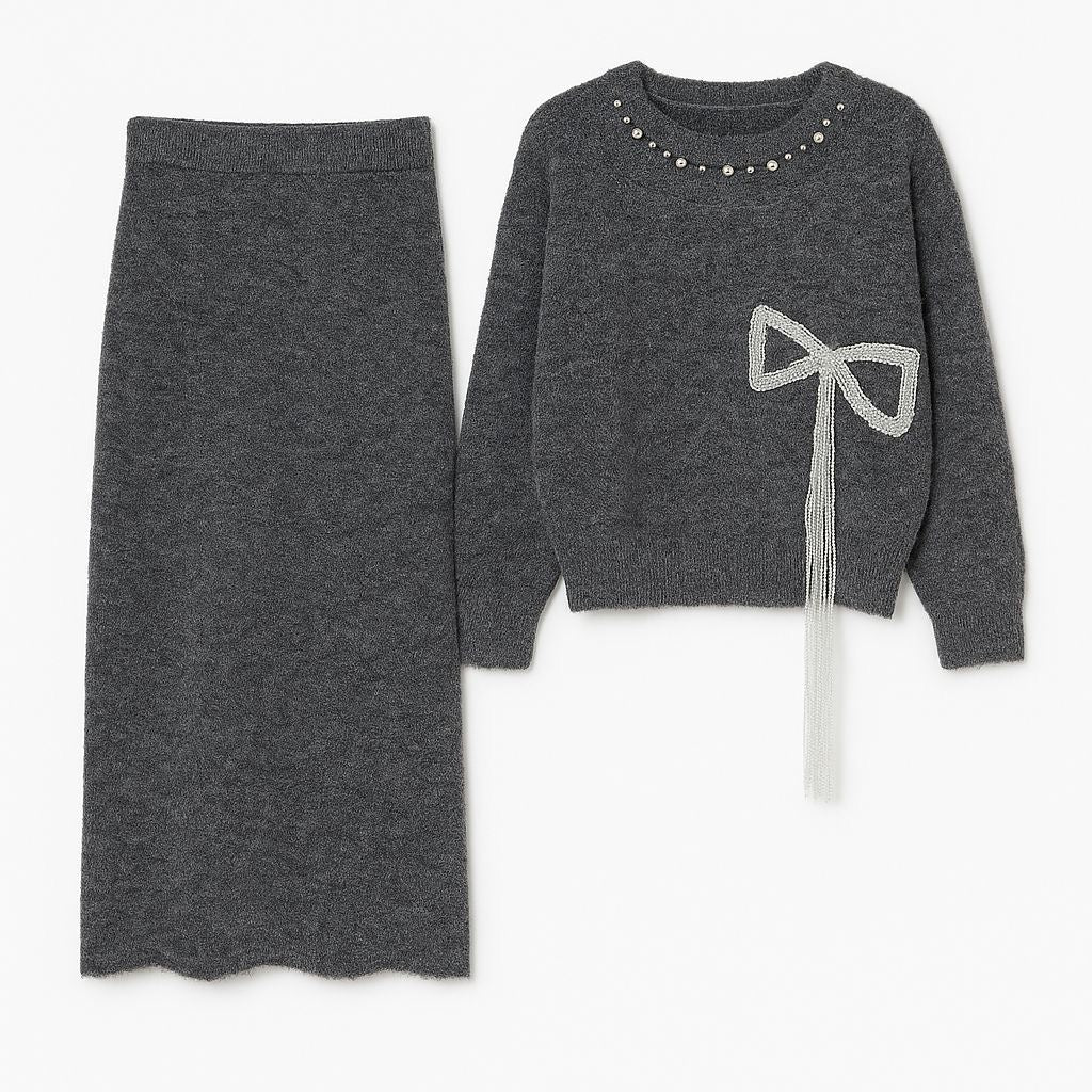 Charcoal Knit Set with Crystal Bow Detail