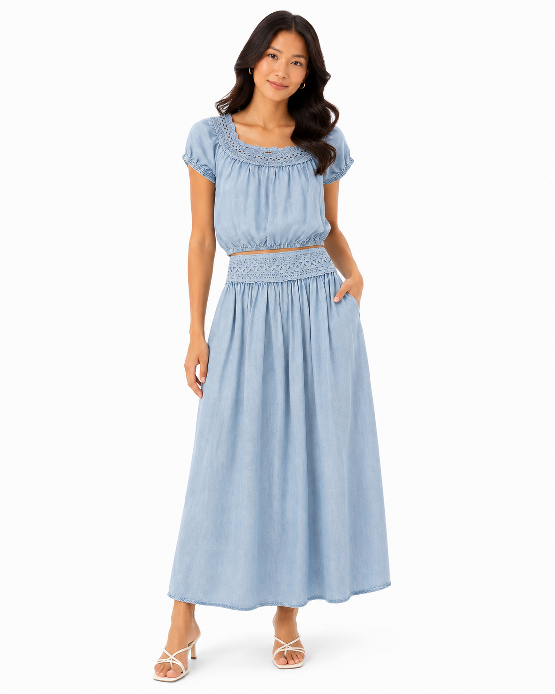 Women’s Light Blue Crochet-Trim Crop Top & Midi Skirt Set