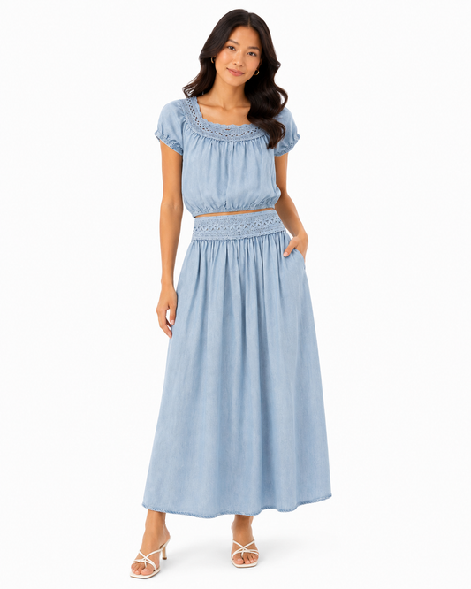 Women’s Light Blue Crochet-Trim Crop Top & Midi Skirt Set